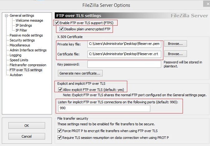 Enable FTP over TLS Support 