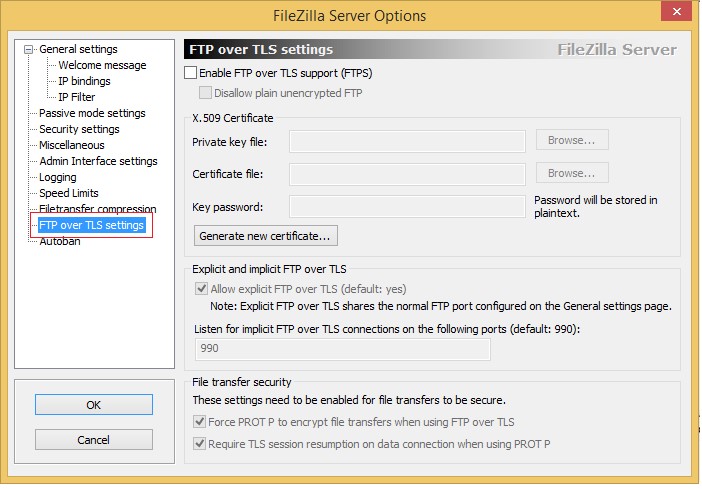 Select FTP over TLS Settings