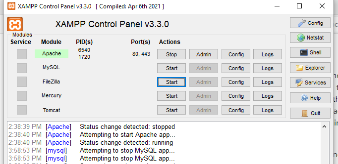 XAMPP Control pannel